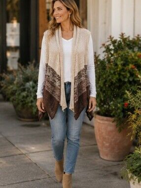 GODDIS Brazil Open Front Waterfall Sweatervest Cardigan Brown & Cream Wrap M